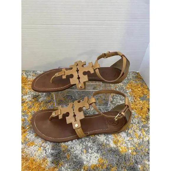 Tory Burch Women’s Sandals Ankle Strap Logo Brown 7.5M EUC Leather - Picture 2 of 9